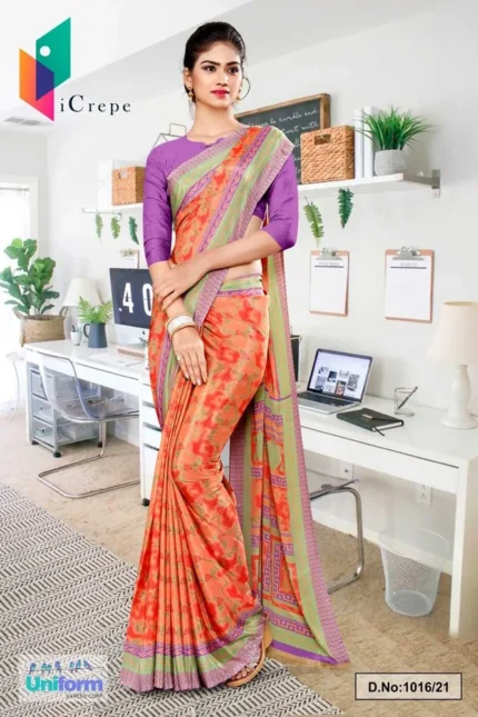 Printed Daily Wear Orange And Purple Premium Italian Slik Crepe Saree, 6.3 m (With Blouse Piece)